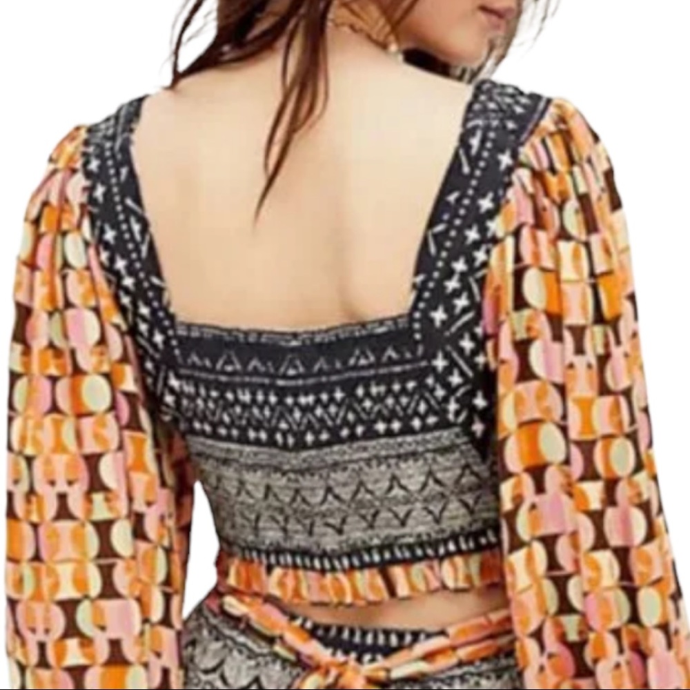 New Free People Naomi Sm Black Orange Midriff Puff Sleeve Mixed Print Crop Top - Picture 11 of 11